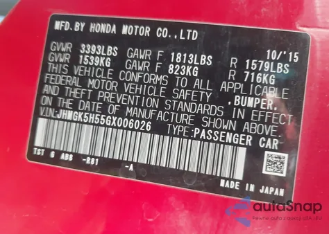 2016 Honda Fit Lx from USA, damaged, VIN JHMGK5H55GX006026